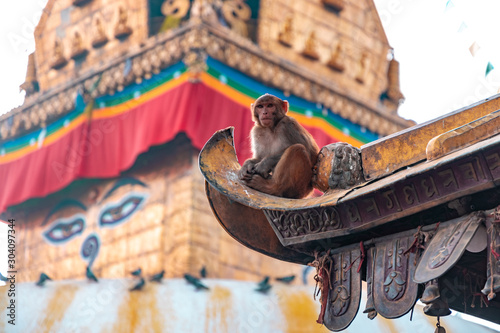 Swayambhunath Stupa, aka The Monkey Temple, during sunrise in Kathmandu, Nepal. A UNESCO Heritage Site. Ancient ruins and stone temples.