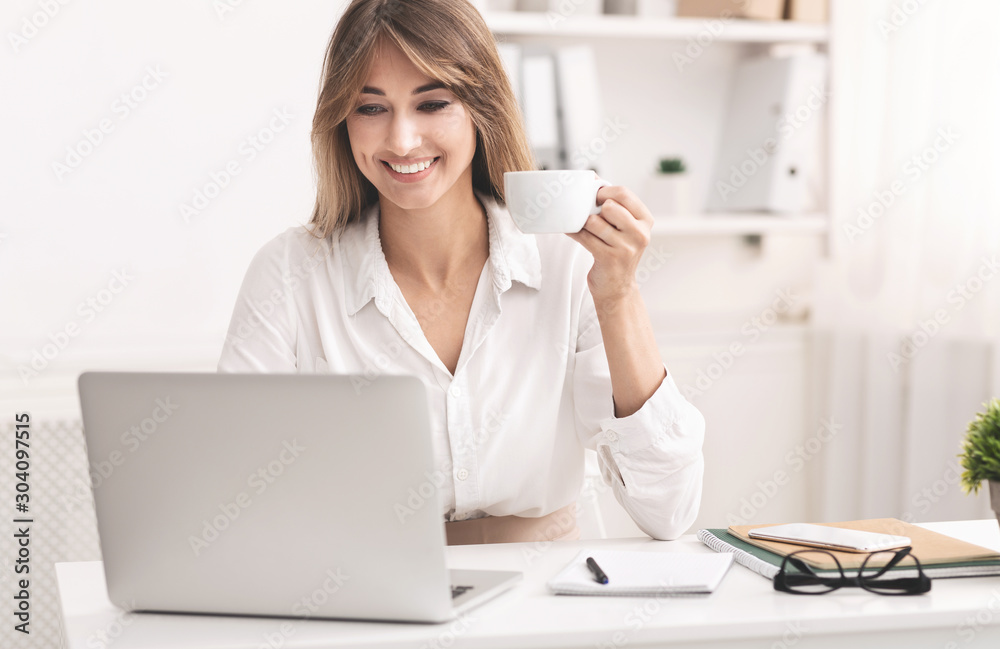 Positive Business Lady Drinking Coffee Relaxing Sitting At Workplace Positive Business Lady Drinking Coffee Relaxing Sitting At Workplace