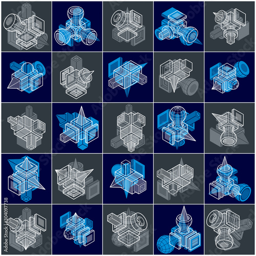 Abstract vectors set, isometric dimensional shapes collection.