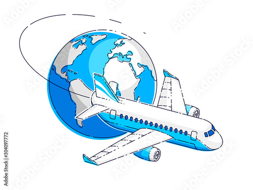 Plane airliner with earth planet, airlines air travel emblem or illustration. Beautiful thin line vector isolated over white background.