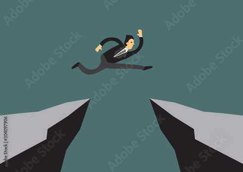 Fearless brave businessman jumping over a cliff to reach his target. Concept of overcoming challenges to achieve his goal. Vector cartoon illustration.