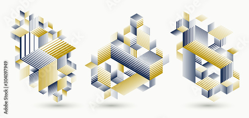 Linear striped abstract vector dimensional 3D backgrounds set with isolated retro style graphic element with cubes and triangles. Templates for posters or banners, covers or ads.