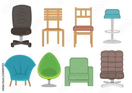 Chair set of 8 of comfortable furniture armchair design. Isolated on white background.