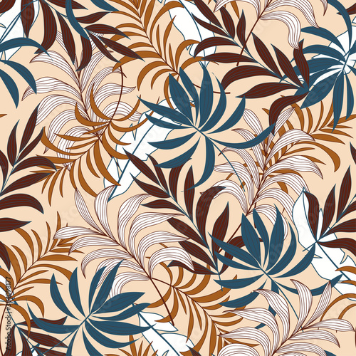 Abstract seamless tropical pattern with bright blue and yellow plants and leaves on beige background. Beautiful exotic plants. Trendy summer Hawaii print. Summer colorful hawaiian.