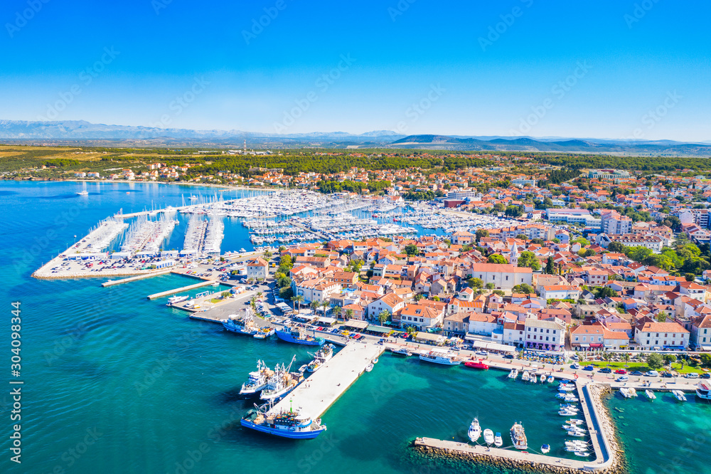 Croatia, town of Biograd on the Adriatic sea, aerial view of marina and historic town center