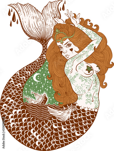Outstanding hand-draw work of a tattoed-body mermaid in new old school style. Template for invitation, scrap booking, print for t-shirt, tattoo art, postcard, coloring books. Vector illustration.