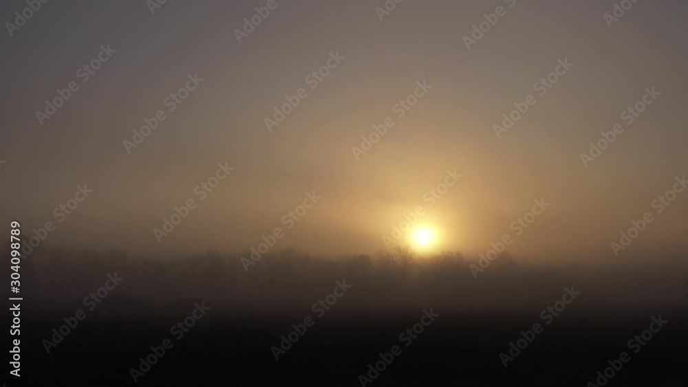 Autumn sunset in the steppe, trees under a foggy sky and bright sun. Lightly drizzle rain. Cool autumn weather. Beautiful panorama with the sun in the fog. Top view and side view in slow motion. Autumn sunset in the steppe, trees under a foggy sky and bright sun. Lightly drizzle rain. Cool autumn weather. Beautiful panorama with the sun in the fog. Top view and side view in slow motion.