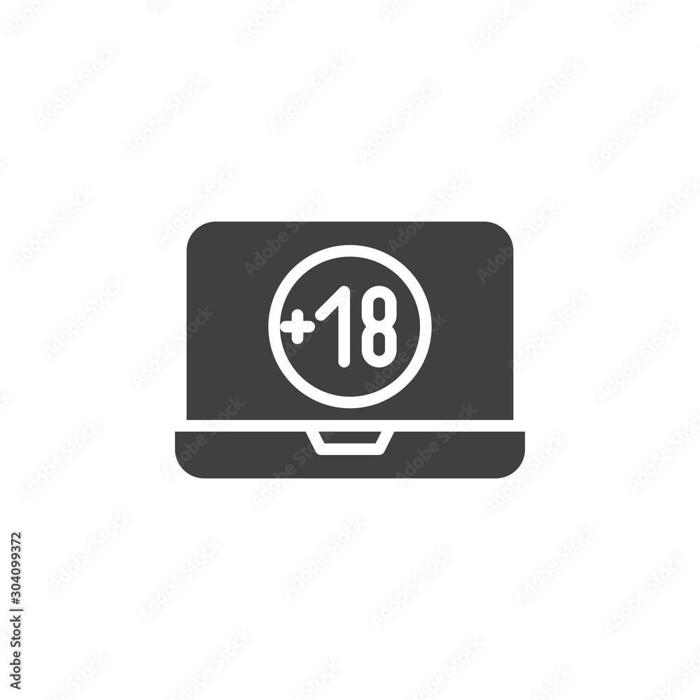 Under 18 years old content vector icon. filled flat sign for mobile concept and web design. Laptop screen with Eighteen plus sign glyph icon. Symbol, logo illustration. Vector graphics Under 18 years old content vector icon. filled flat sign for mobile concept and web design. Laptop screen with Eighteen plus sign glyph icon. Symbol, logo illustration. Vector graphics