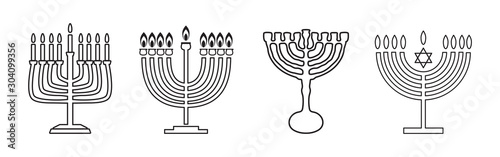 Jewish Holiday Hanukkah Festival menorah icons set traditional Chanukah celebration. Symbols - hanukkiah menorah, candlestick with candles, oil jar, star of David, glowing lights, pattern line sign