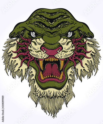 Tiger's portrait made in an old-stylized tattoo. Vector illustration for coloring book, t-shirts, tattoo art, boho design, posters, textiles. Isolated vector illustration.