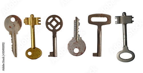 Old keys isolated on white background