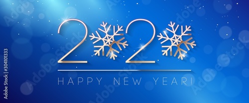 2020 Happy New Year Background, Card, Banner, Flyer Or Christmas Themed Invitations. Blue Illustration With Golden Digits And Snowflake. Ready For Your Design. Vector EPS10