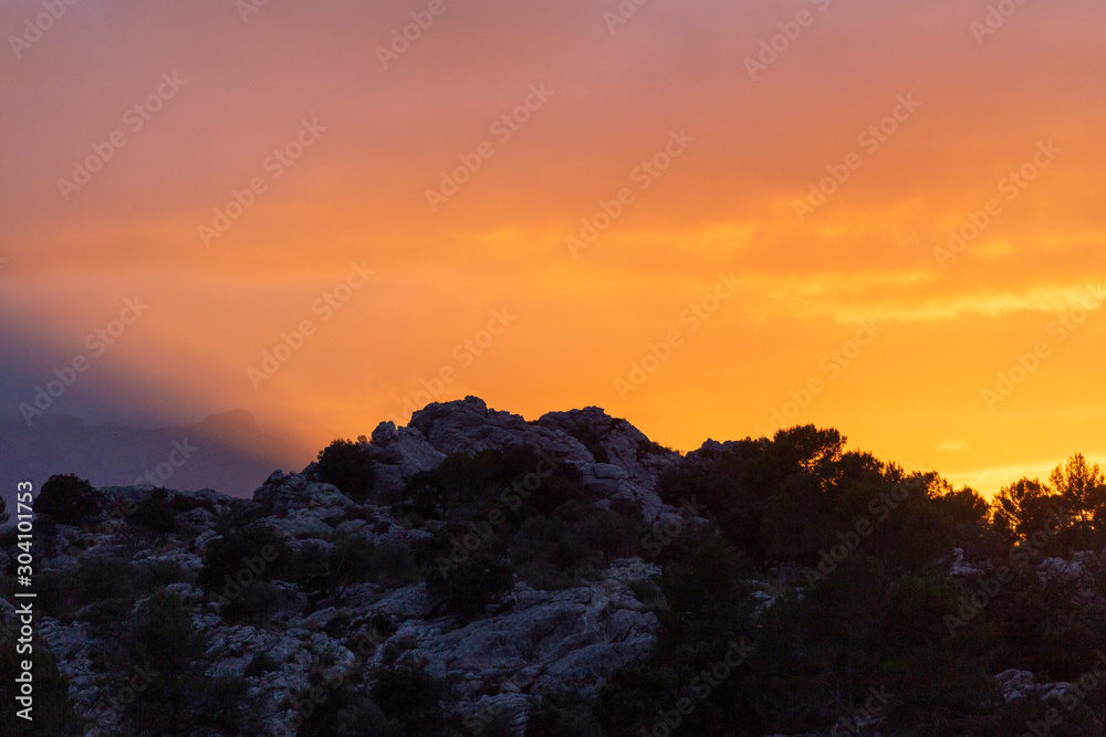 Beautiful sunset over the mountains of Mallorca