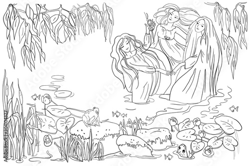 Evening pond, mermaids with long beautiful hair, willow branches, river plants and flowers, frogs, mermaids dance, vector illustration, outline drawing, coloring book