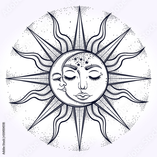 Bohemian hand drawn sun and moon phase. Vector illustration for coloring book, t-shirts design,fabric design, paper , textiles, background. Religion y, spirituality, occultism, magic, sacred geometry.