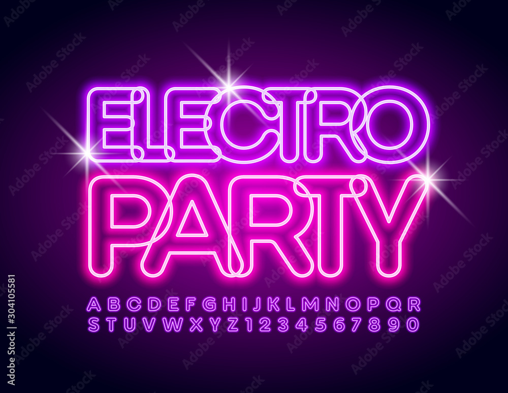 Vector glowing poster Electro Party. Neon violet Font. Bright Alphabet Letters and Numbers 