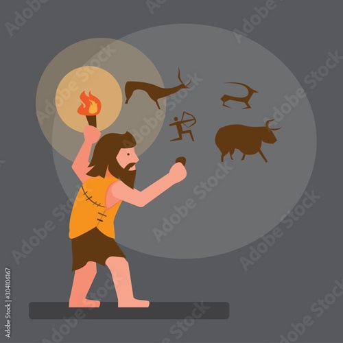 ancient human drawing in cave flat illustration vector