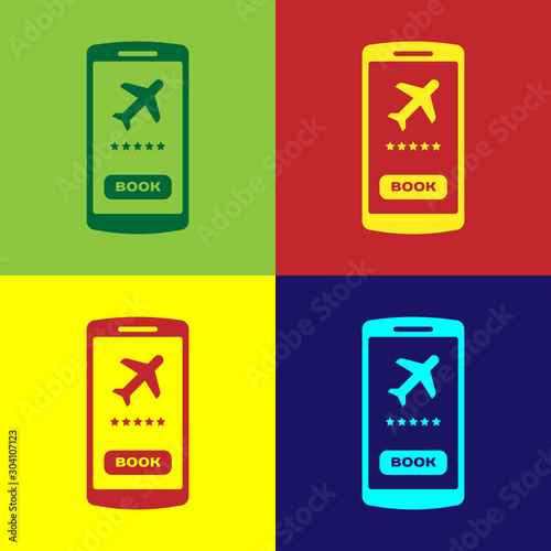 Color Smartphone with electronic boarding pass airline ticket icon isolated on color background. Passenger plane mobile ticket for web and app. Vector Illustration