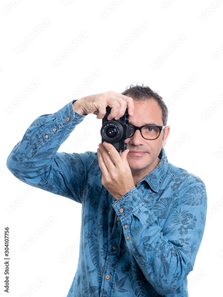 man taking photos with an old camera man taking photos with an old camera