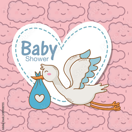 baby shower stork diaper blue heart sticker clouds background