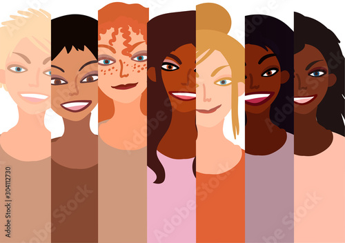 Group of happy smiling women of different race together. Flat style illustration isolated on white. Feminism diversity tolerance girl power concept.