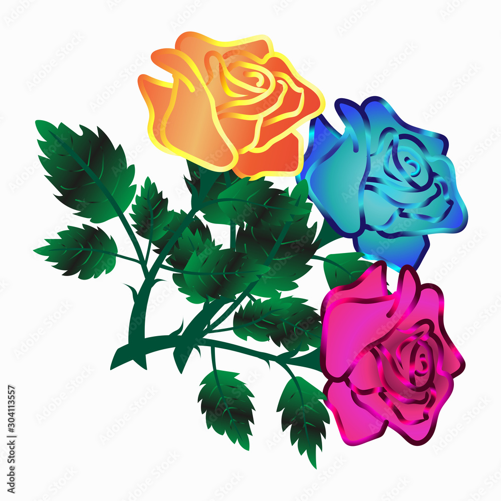 Vector bouquet of pink, orange and blue roses isolated on a white ...