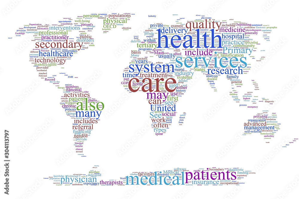 Naklejka premium Health care world map word cloud