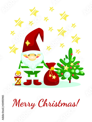 Christmas gnome with gifts, Christmas card. 