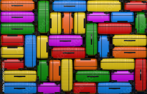 Many identical bright multi-colored suitcases on wheels stacked on top of each other. Travel bags are in a heap. 3D rendering illustration.