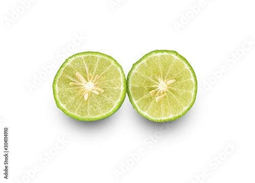 Citrus hystrix and green leaf on white background.
