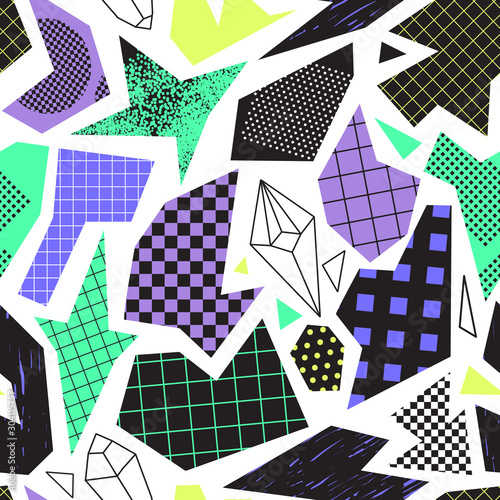 Seamless pattern with abstract geometric figures in acid color scheme on white background. Vector illustration with geometric, square, noise and grid textures in 90s and 80s style. Pop and rock style.
