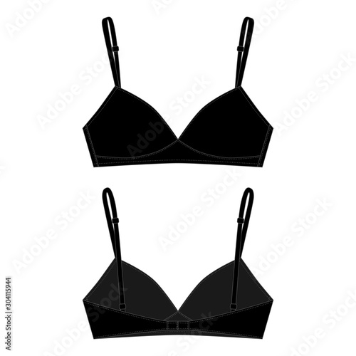Technical sketch girls bra in black color. Female white brassiere.