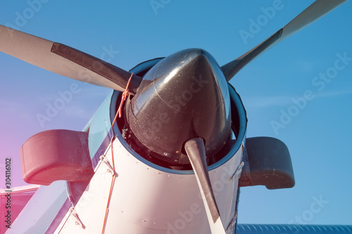 Canvas Print Turboprop engine on wing, close up view.