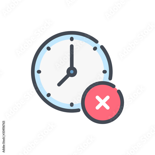 Time and clock with decline cross button color line icon. Remove watch and time management vector outline colorful sign.