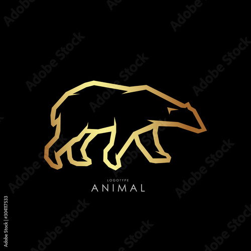 Contour golden bear logo on a black background. For printing on clothes, symbol of organization. For your design.