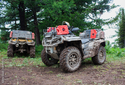 Large dirt-covered ATVs stand in a coniferous forest. Summer day