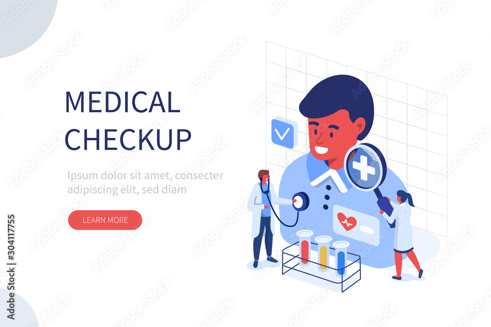 Doctors examining  Patient. Medical Staff Checking Patient Health, making Blood Test and Laboratory Diagnostic. Healthcare and Medical Checkup Concept. Flat Isometric Vector Illustration.