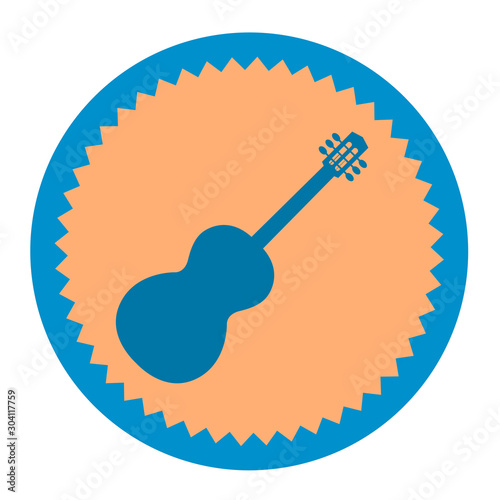 Blue silhouette of a guitar on a round yellow background. Vector icon on a musical theme.