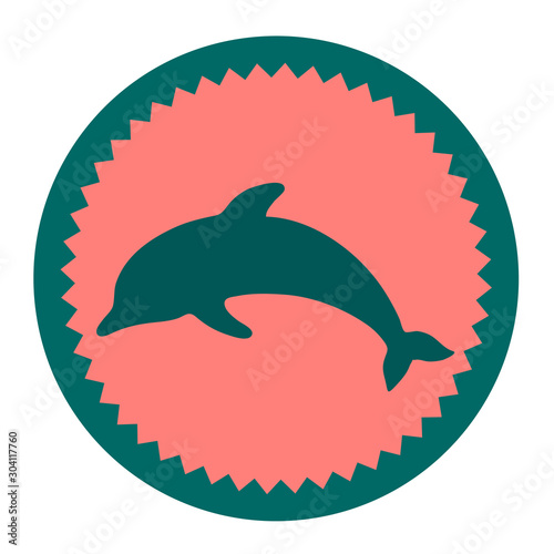 Dark silhouette of a playing dolphin against a background of red sun. Vector illustration icon.