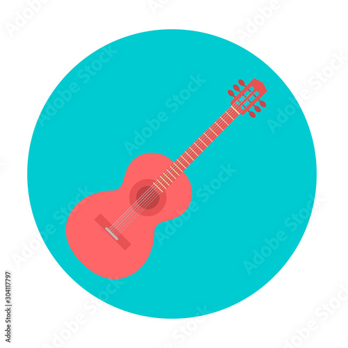 Icon with a red guitar on a blue background. Vector illustration of a musical instrument.