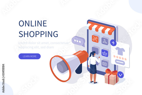  Woman Choosing Clothes in Online Store and Making Order. Female Character Shopping in Mobile App. E-Commerce and Online Delivery Concept. Flat Isometric Vector Illustration.