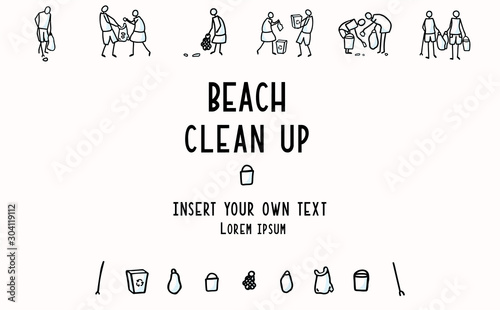 Beach Clean Up Flyer with Stick Figures Trash Collecting. Concept of Sacve the Planet. Icon Motif for Environmental Earth Day Volunteer Invitation, Eco Community Cleaning & Recycling. Vector Eps 10