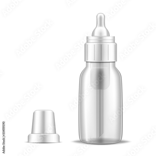 Newborn feeding clear bottle with nipple pacifier and open cap, realistic vector mockup. Small transparent empty baby feeder isolated on white background, mock-up