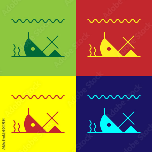 Color Sunken ship at the bottom of the sea icon isolated on color background. Vector Illustration