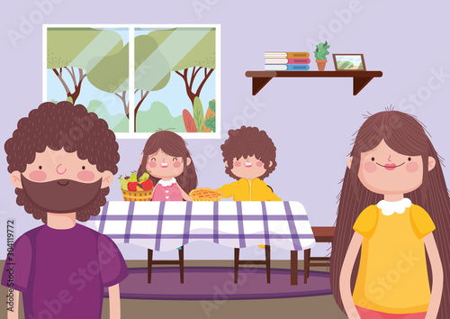 parents and kids in dining room happy thanksgiving celebration