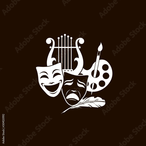 illustration of theatrical masks, lyre and palette isolated on black background