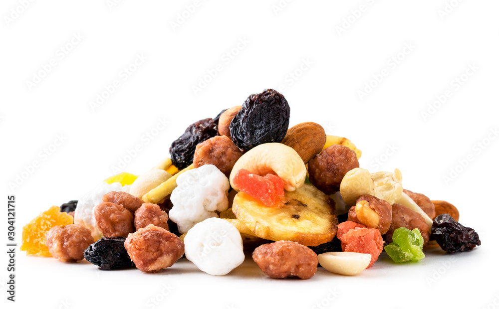 Mix a pile of dried fruits with nuts on a white. Isolated Mix a pile of dried fruits with nuts on a white. Isolated