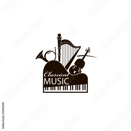 monochrome classical concert emblem with piano, harp and violin