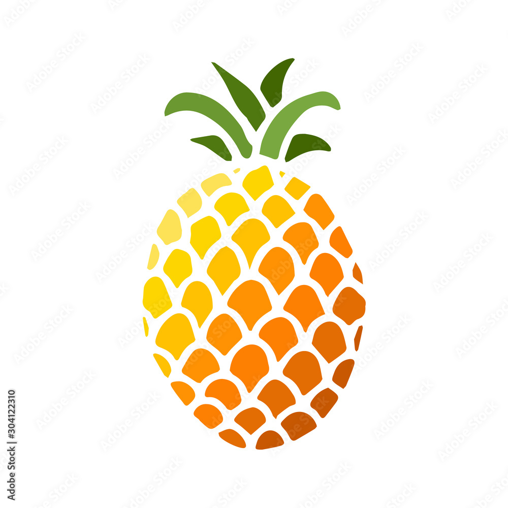 Bright color icon of pineapple fruit with leaf isolated on white background. Sweet tropical fruit. Simple minimal flat style. Logo design. Symbol exotic summer, vitamin, healthy. Vector illustration Bright color icon of pineapple fruit with leaf isolated on white background. Sweet tropical fruit. Simple minimal flat style. Logo design. Symbol exotic summer, vitamin, healthy. Vector illustration