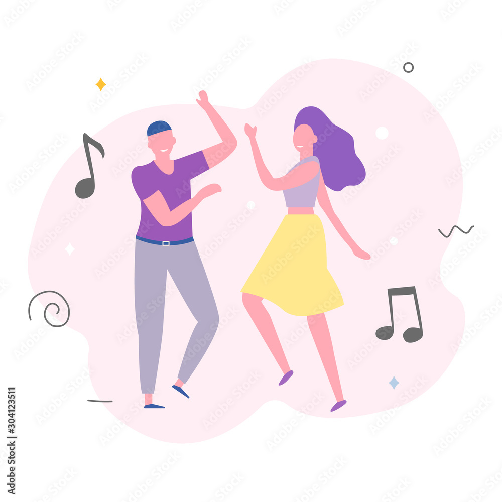 Young happy dancing guy and girl isolated on a white background. Smiling young man and woman enjoy a dance party. Flat style. Vector illustration Young happy dancing guy and girl isolated on a white background. Smiling young man and woman enjoy a dance party. Flat style. Vector illustration
